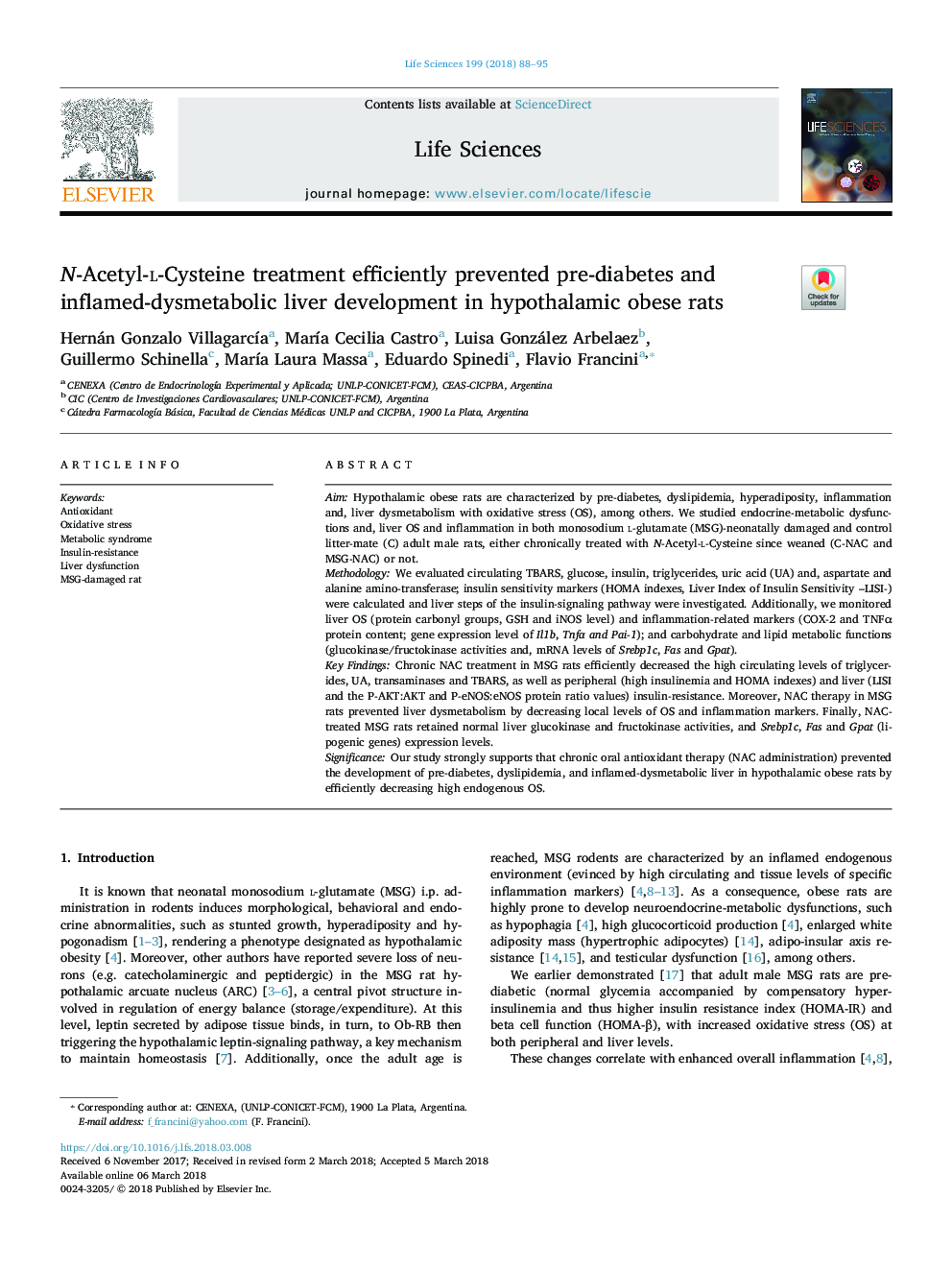 N-Acetyl-l-Cysteine treatment efficiently prevented pre-diabetes and inflamed-dysmetabolic liver development in hypothalamic obese rats