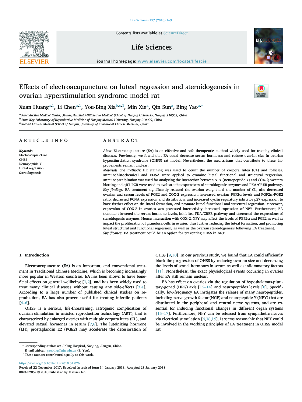 Effects of electroacupuncture on luteal regression and steroidogenesis in ovarian hyperstimulation syndrome model rat