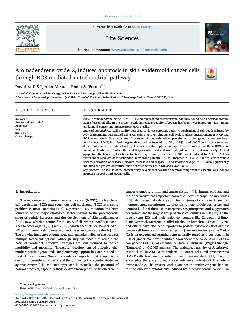 Aromadendrene oxide 2, induces apoptosis in skin epidermoid cancer cells through ROS mediated mitochondrial pathway