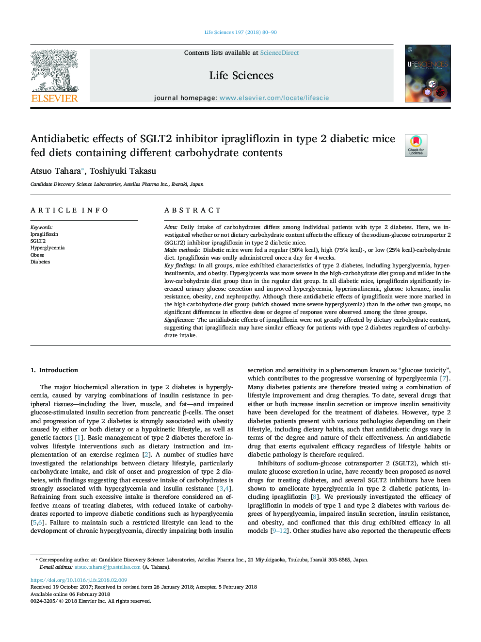 Antidiabetic effects of SGLT2 inhibitor ipragliflozin in type 2 diabetic mice fed diets containing different carbohydrate contents