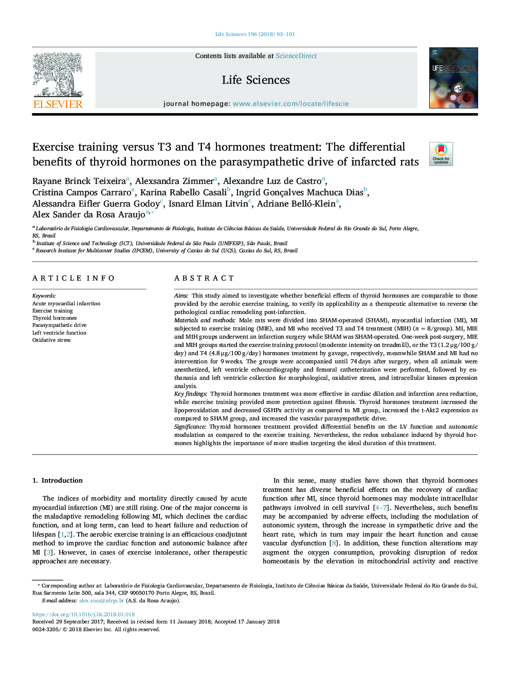 Exercise training versus T3 and T4 hormones treatment: The differential benefits of thyroid hormones on the parasympathetic drive of infarcted rats