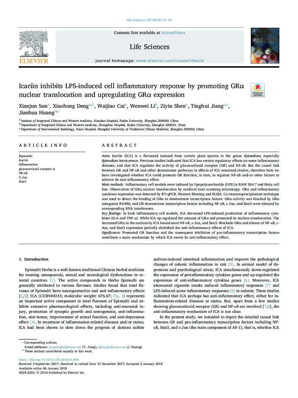 Icariin inhibits LPS-induced cell inflammatory response by promoting GRÎ± nuclear translocation and upregulating GRÎ± expression