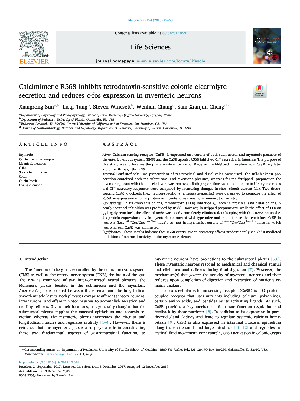 Calcimimetic R568 inhibits tetrodotoxin-sensitive colonic electrolyte secretion and reduces c-fos expression in myenteric neurons