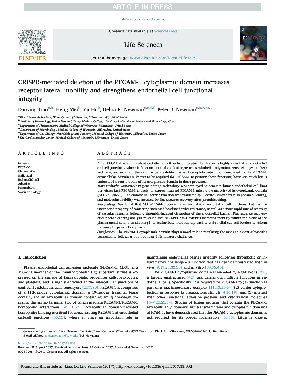 CRISPR-mediated deletion of the PECAM-1 cytoplasmic domain increases receptor lateral mobility and strengthens endothelial cell junctional integrity