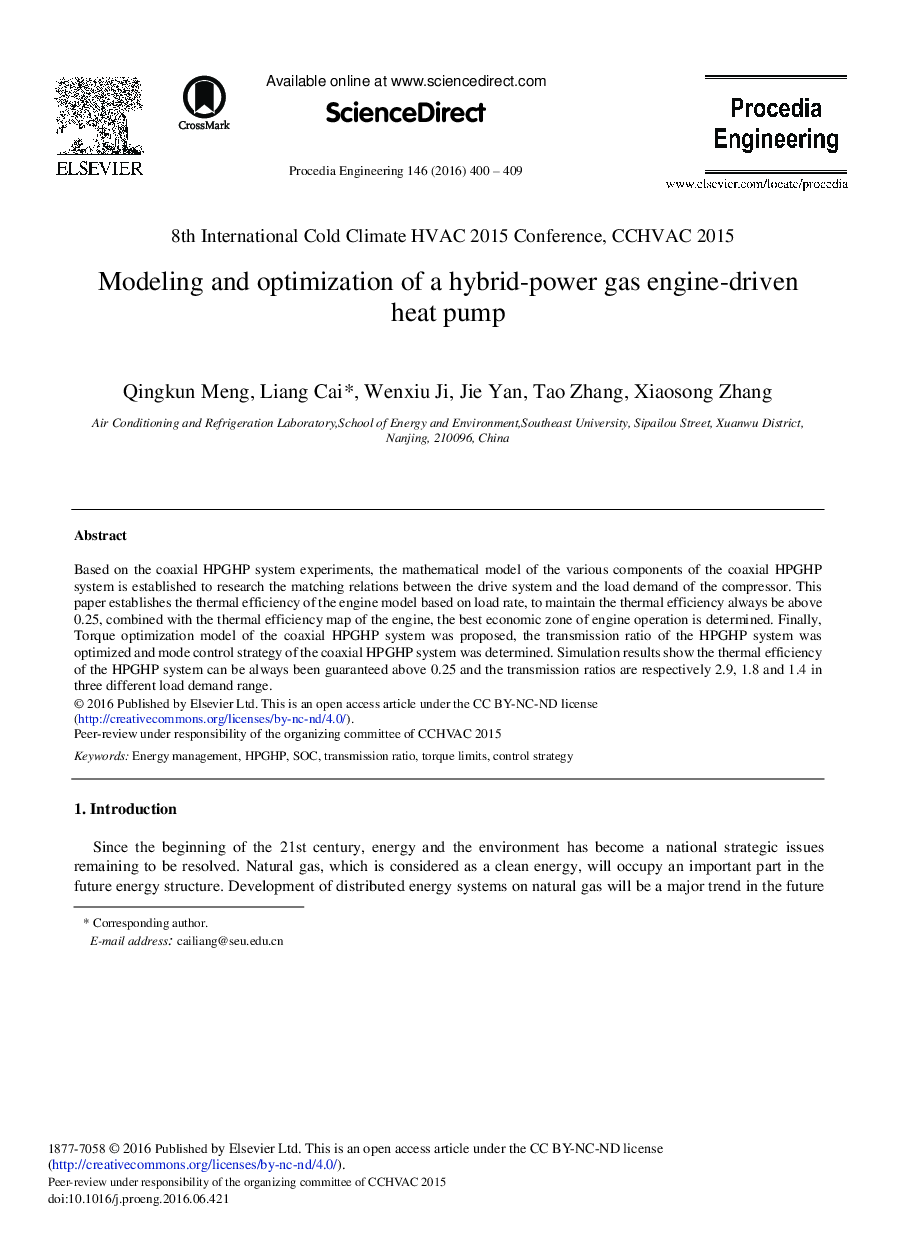 Modeling and Optimization of a Hybrid-power Gas Engine-driven Heat Pump 