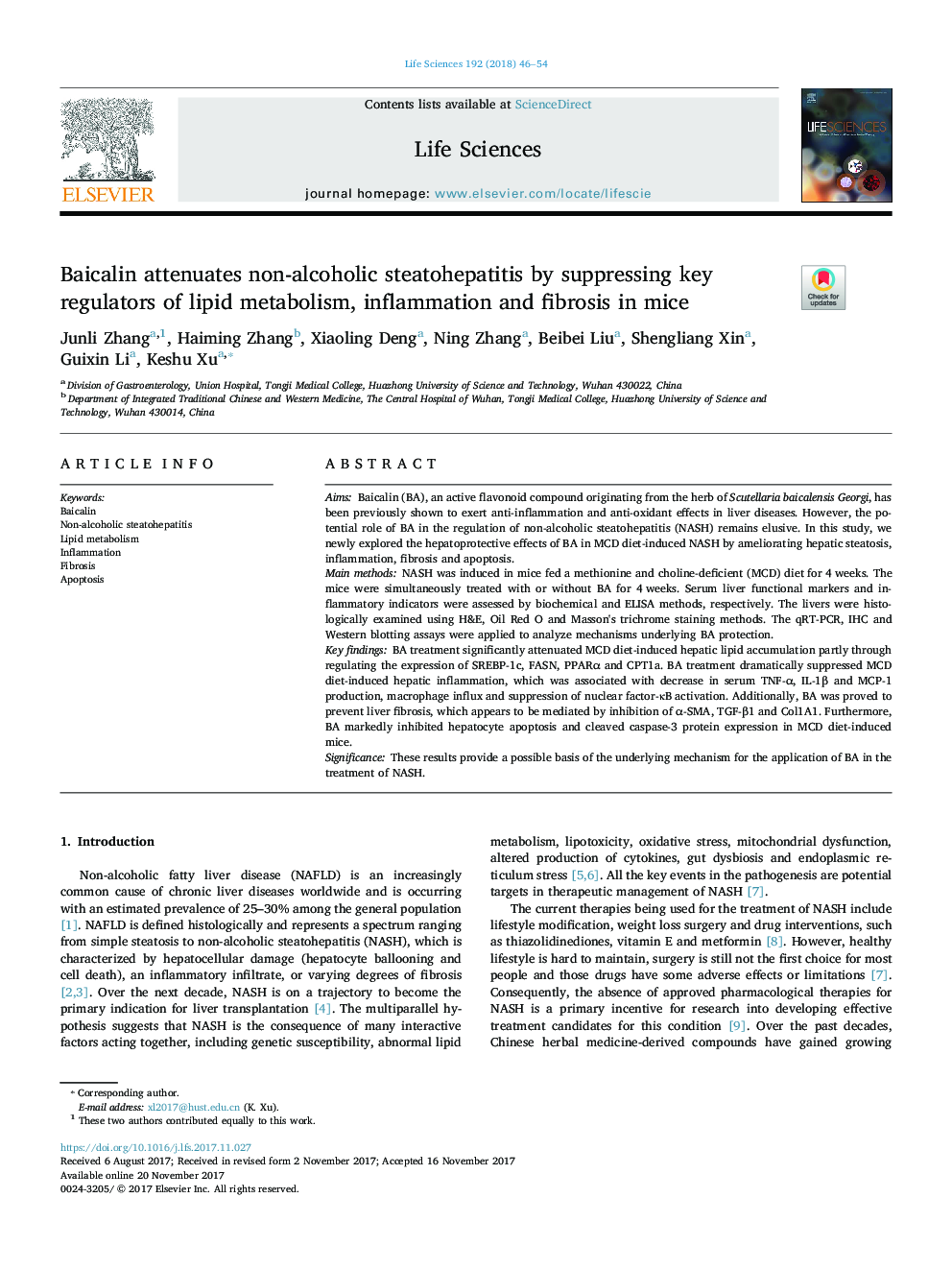 Baicalin attenuates non-alcoholic steatohepatitis by suppressing key regulators of lipid metabolism, inflammation and fibrosis in mice