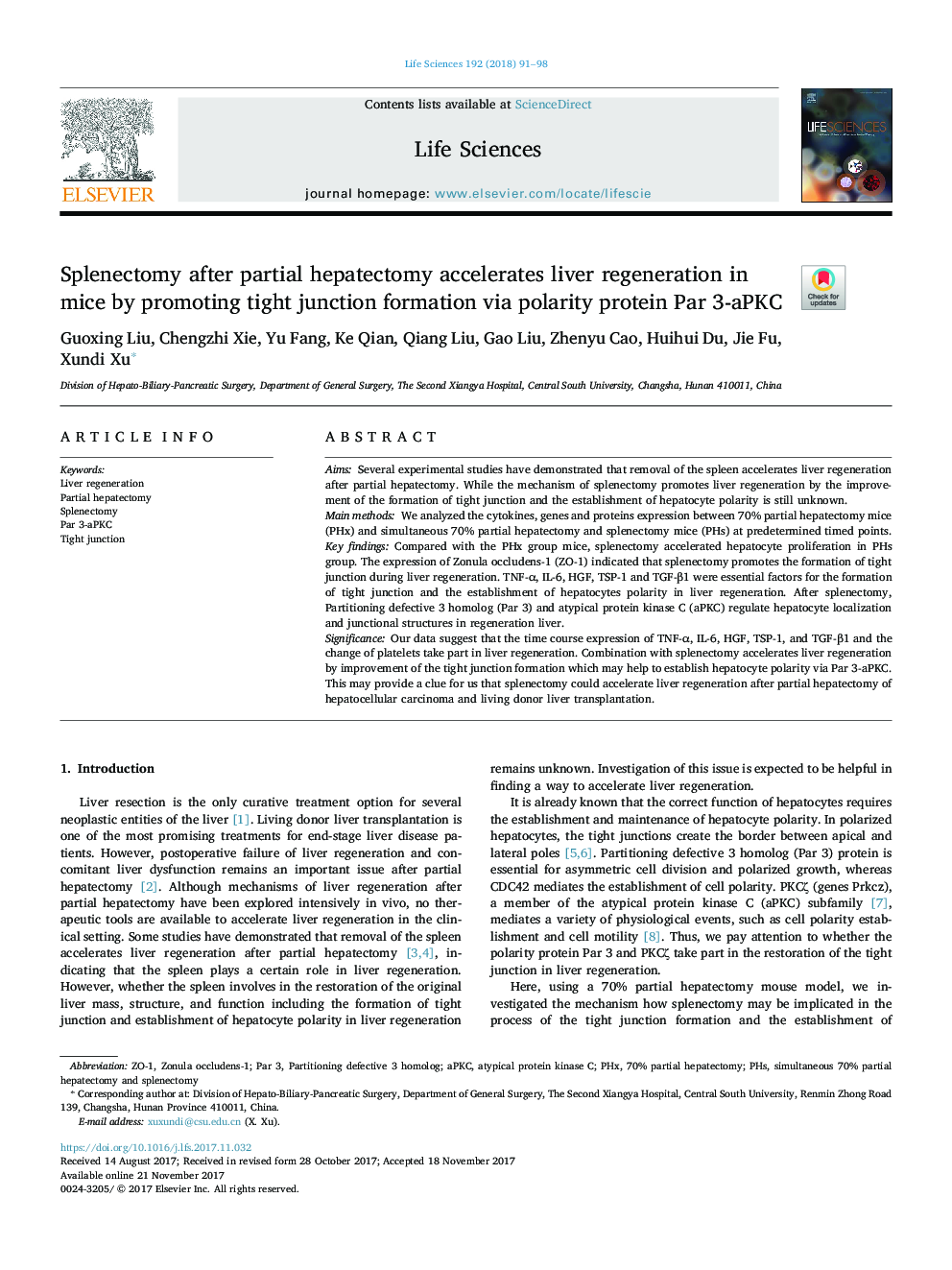 Splenectomy after partial hepatectomy accelerates liver regeneration in mice by promoting tight junction formation via polarity protein Par 3-aPKC