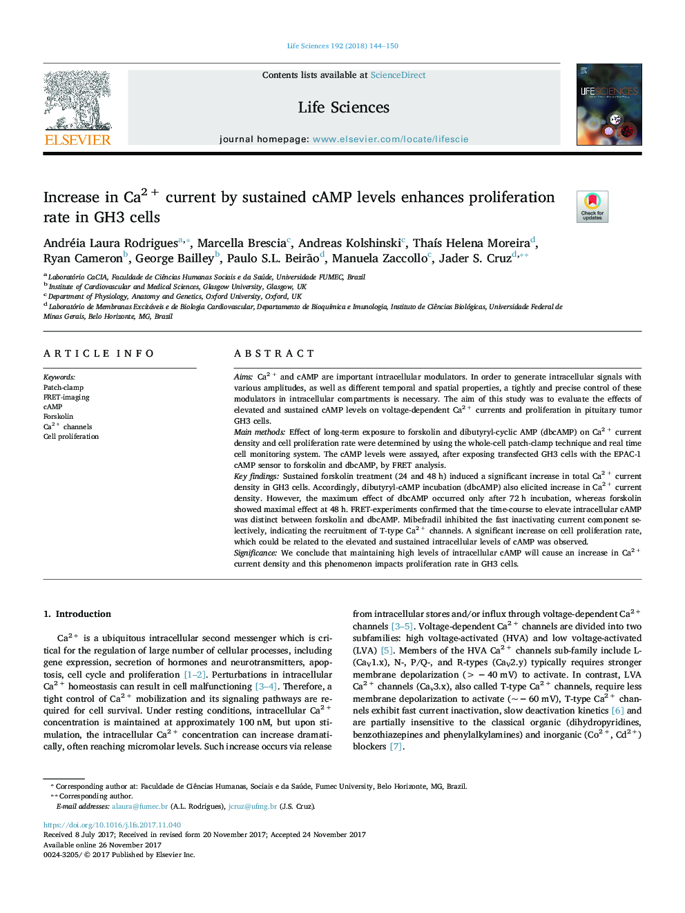 Increase in Ca2Â + current by sustained cAMP levels enhances proliferation rate in GH3 cells