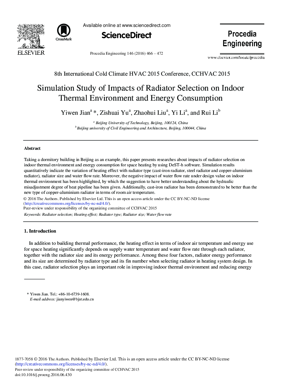 Simulation Study of Impacts of Radiator Selection on Indoor Thermal Environment and Energy Consumption 