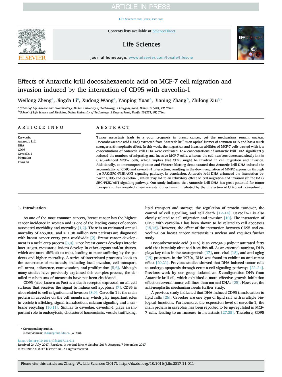 Effects of Antarctic krill docosahexaenoic acid on MCF-7 cell migration and invasion induced by the interaction of CD95 with caveolin-1