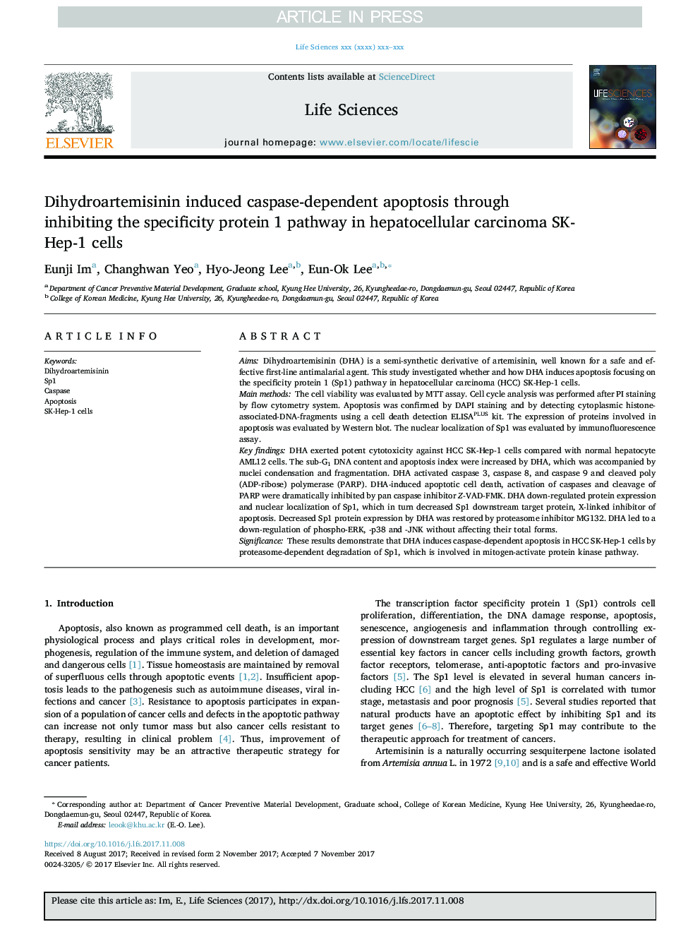 Dihydroartemisinin induced caspase-dependent apoptosis through inhibiting the specificity protein 1 pathway in hepatocellular carcinoma SK-Hep-1 cells