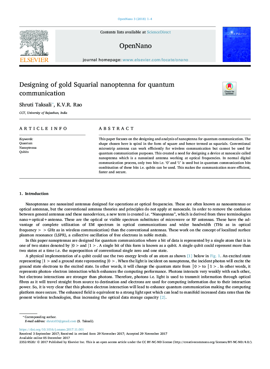 Designing of gold Squarial nanoptenna for quantum communication