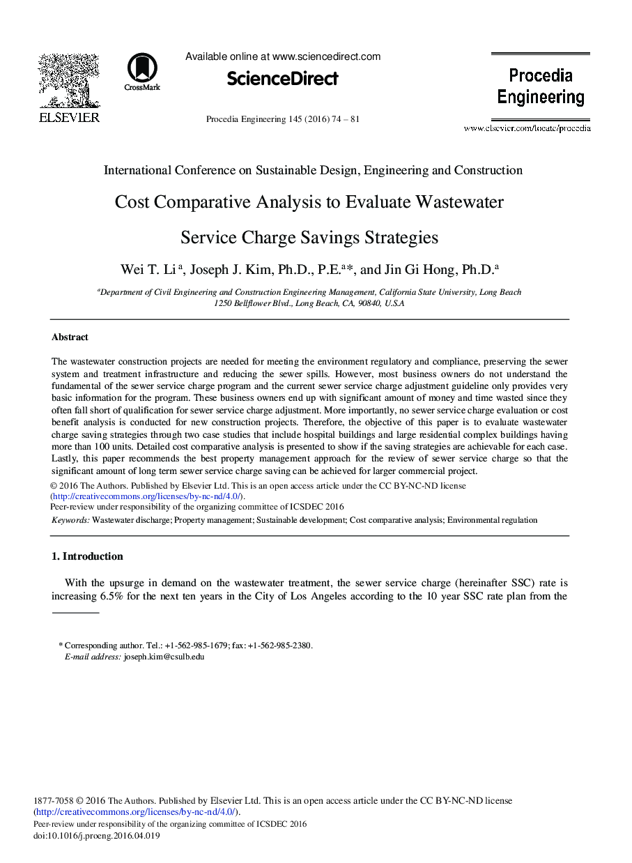 Cost Comparative Analysis to Evaluate Wastewater Service Charge Savings Strategies 