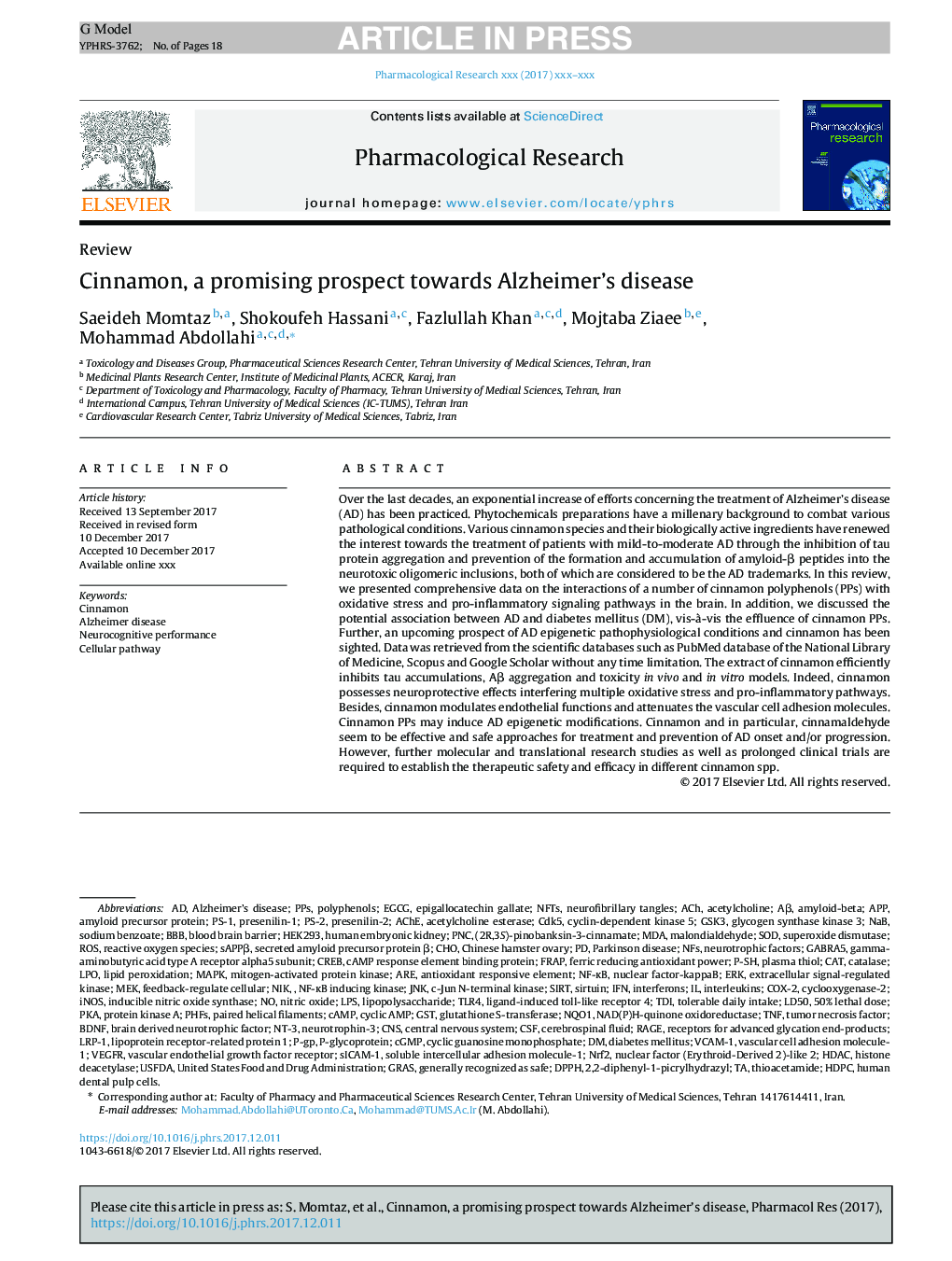 Cinnamon, a promising prospect towards Alzheimer's disease