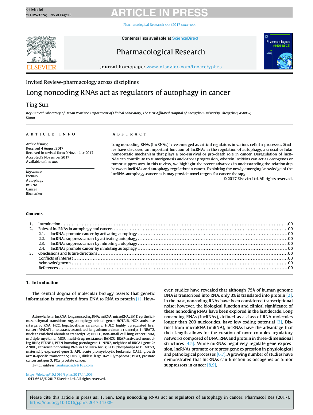 Long noncoding RNAs act as regulators of autophagy in cancer