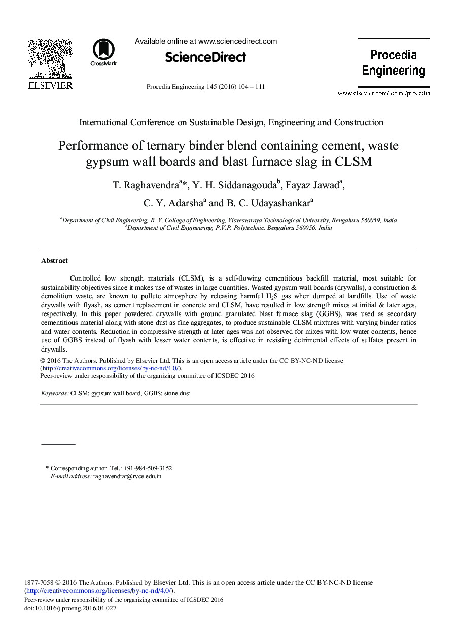 Performance of Ternary Binder Blend Containing Cement, Waste Gypsum Wall Boards and Blast Furnace Slag in CLSM 