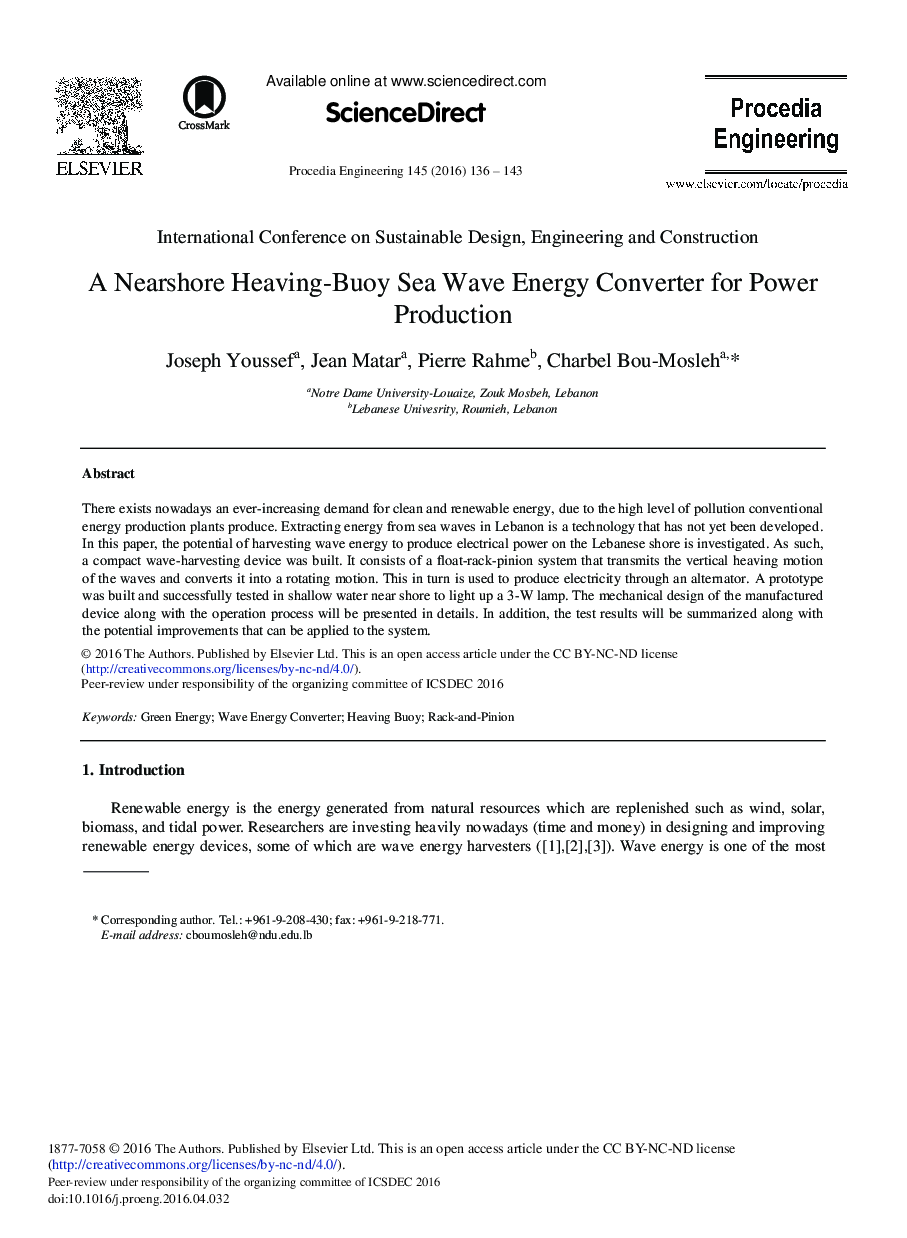 A Nearshore Heaving-Buoy Sea Wave Energy Converter for Power Production 