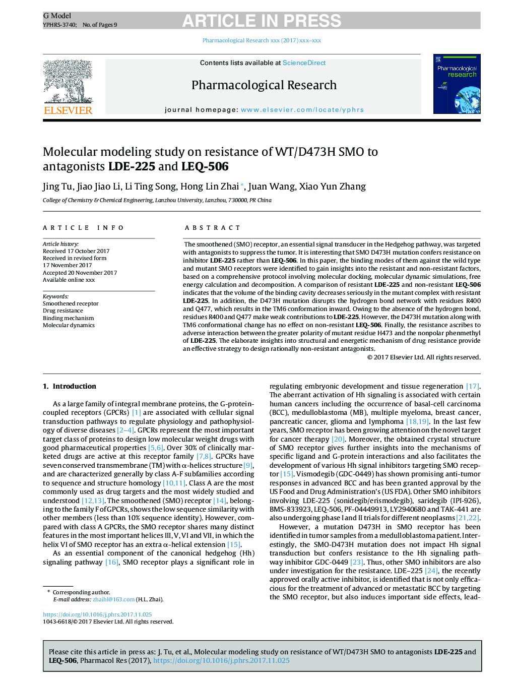 Molecular modeling study on resistance of WT/D473H SMO to antagonists LDE-225 and LEQ-506