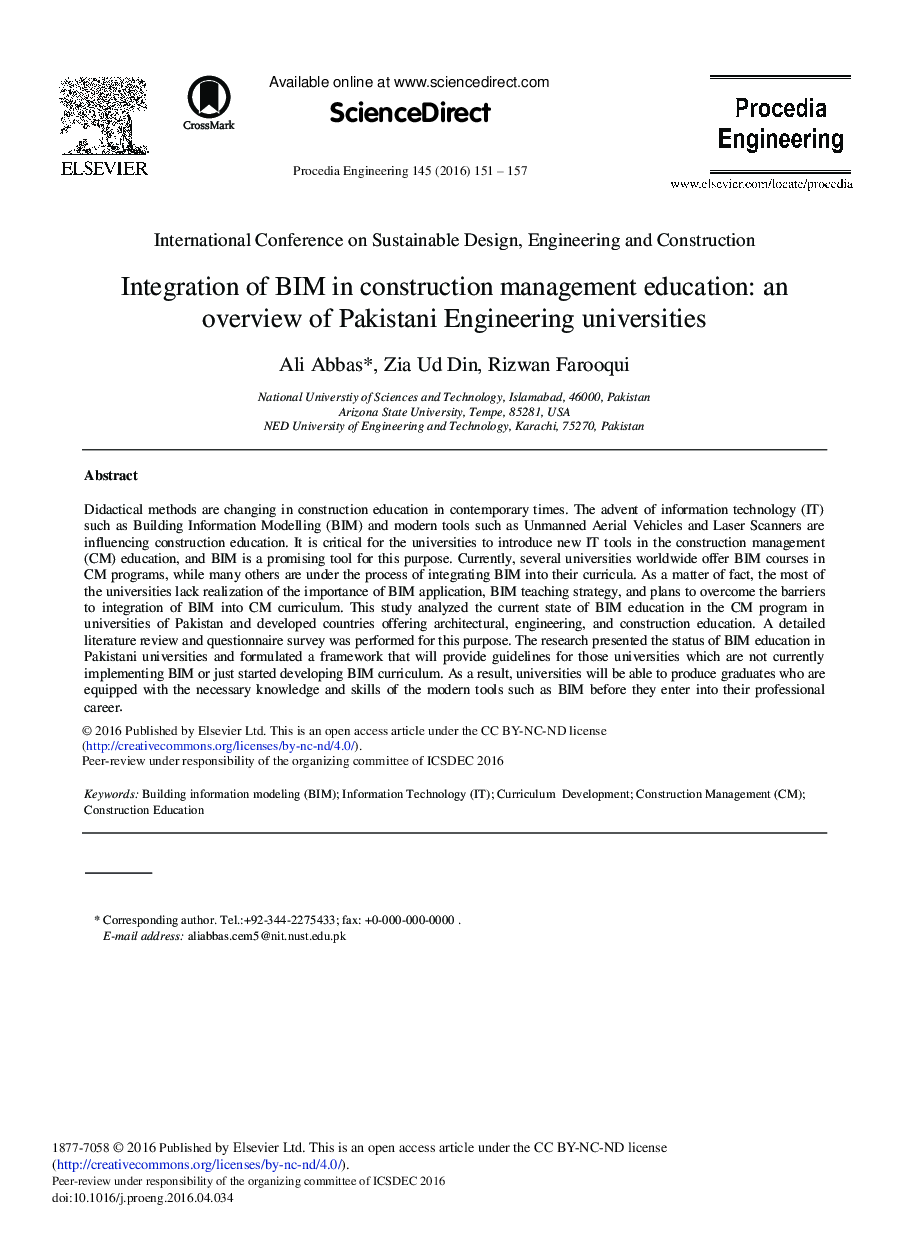 Integration of BIM in Construction Management Education: An Overview of Pakistani Engineering Universities 