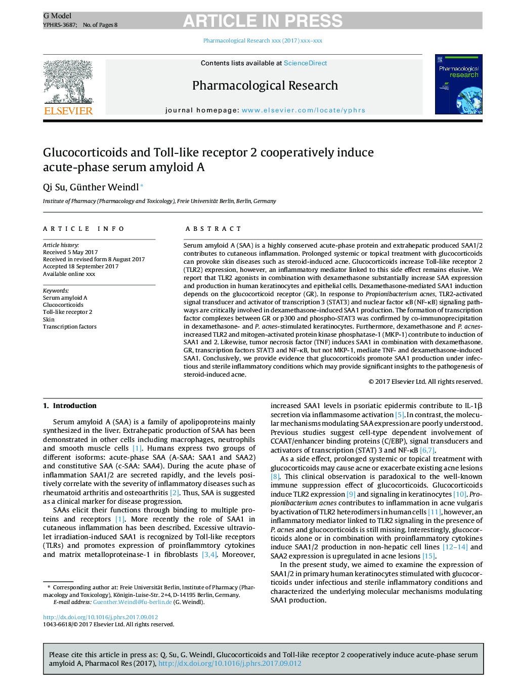 Glucocorticoids and Toll-like receptor 2 cooperatively induce acute-phase serum amyloid A