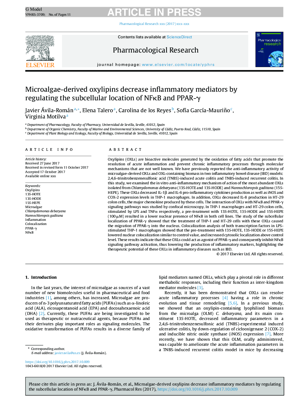 Microalgae-derived oxylipins decrease inflammatory mediators by regulating the subcellular location of NFÎºB and PPAR-Î³