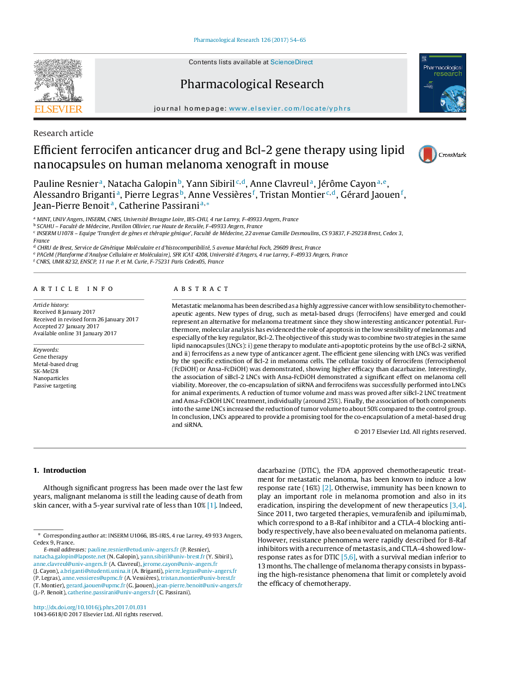 Efficient ferrocifen anticancer drug and Bcl-2 gene therapy using lipid nanocapsules on human melanoma xenograft in mouse