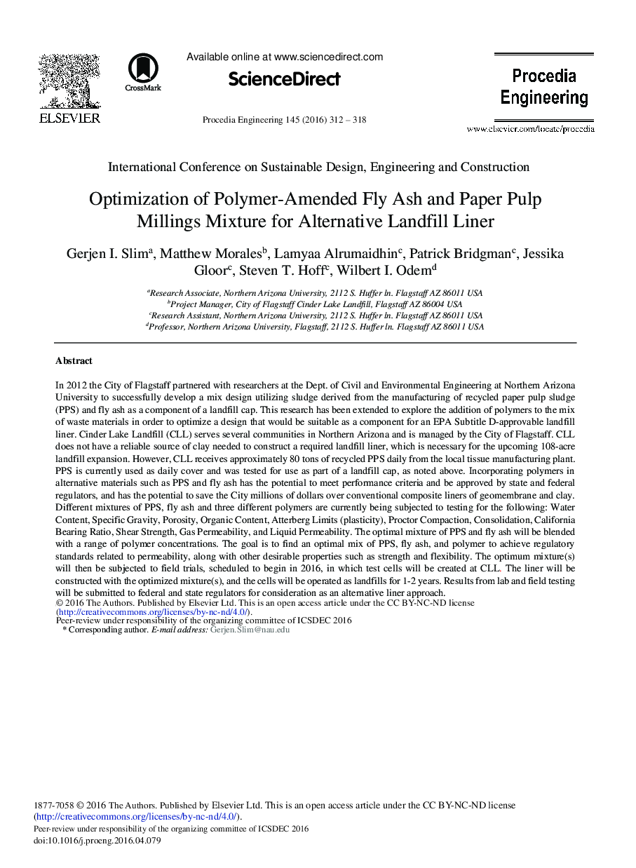 Optimization of Polymer-Amended Fly Ash and Paper Pulp Millings Mixture for Alternative Landfill Liner 