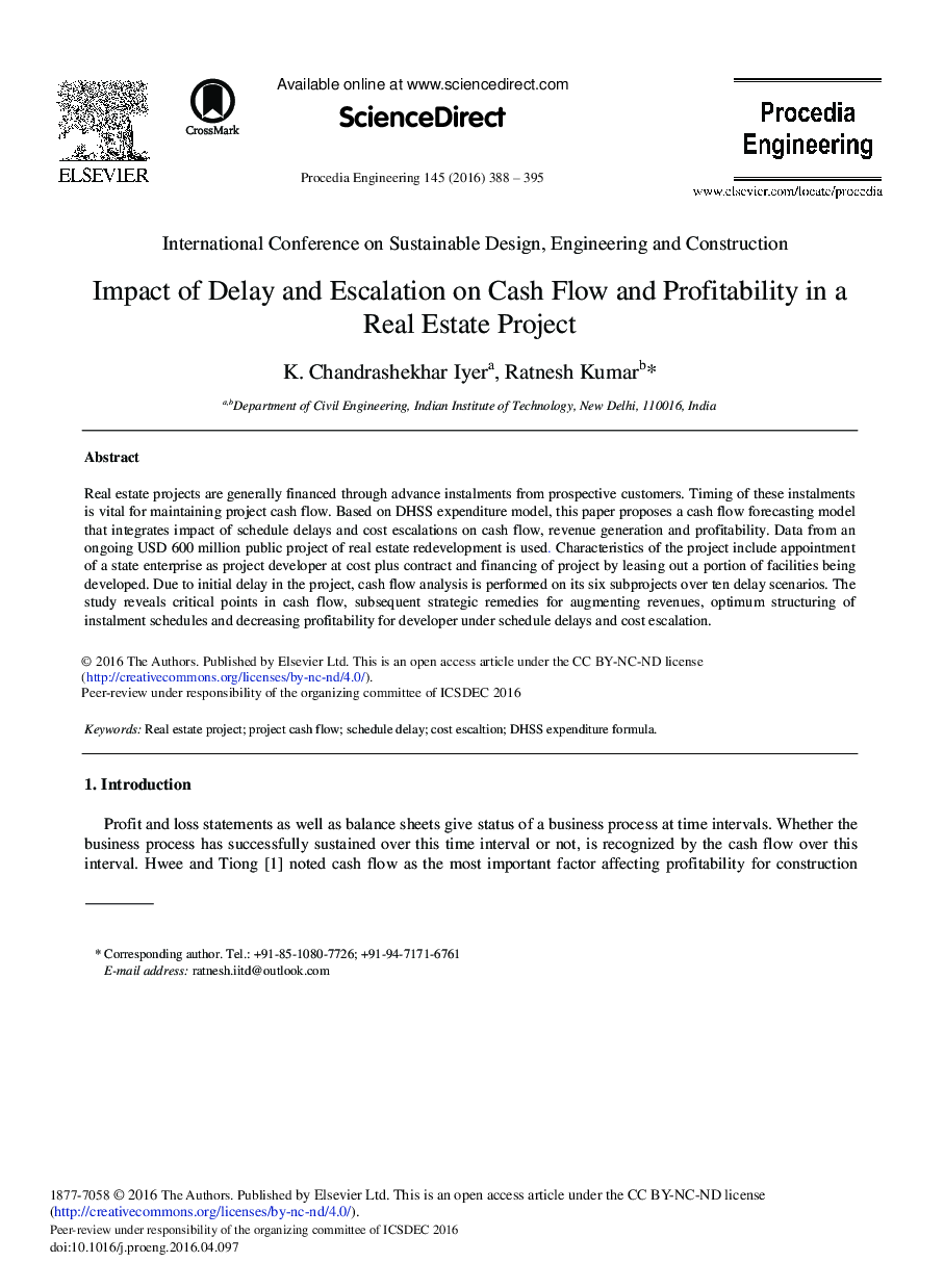 Impact of Delay and Escalation on Cash Flow and Profitability in a Real Estate Project 