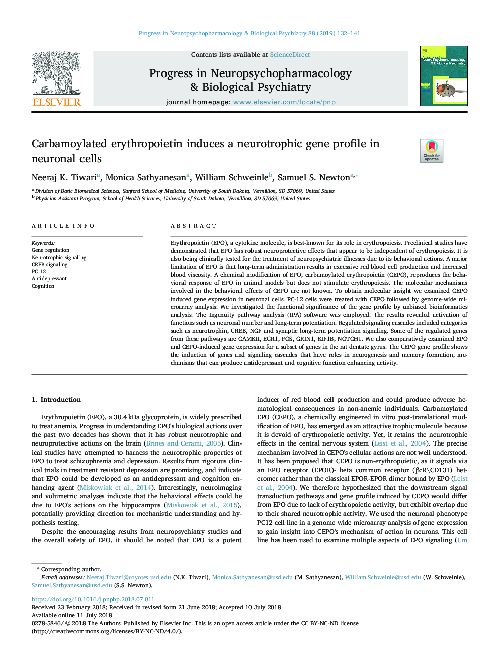 Carbamoylated erythropoietin induces a neurotrophic gene profile in neuronal cells