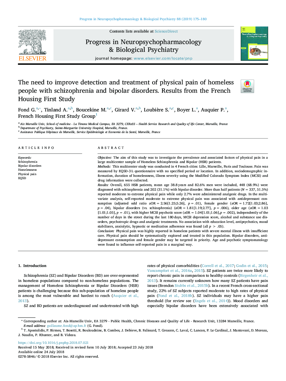 The need to improve detection and treatment of physical pain of homeless people with schizophrenia and bipolar disorders. Results from the French Housing First Study