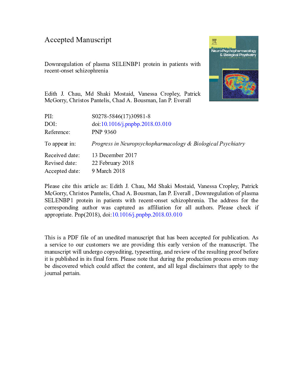 Downregulation of plasma SELENBP1 protein in patients with recent-onset schizophrenia