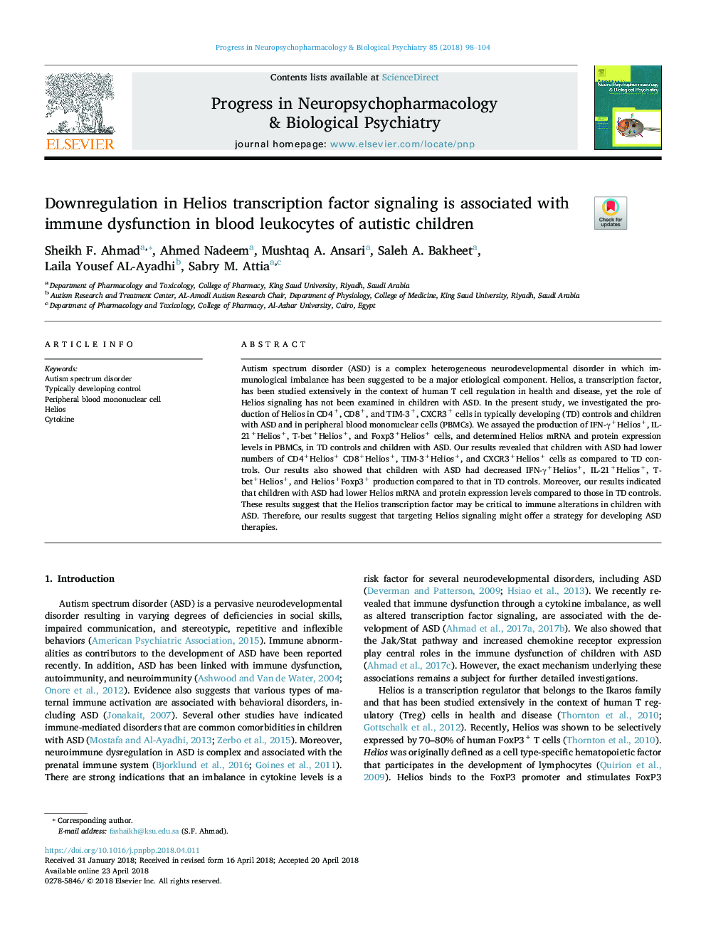 Downregulation in Helios transcription factor signaling is associated with immune dysfunction in blood leukocytes of autistic children