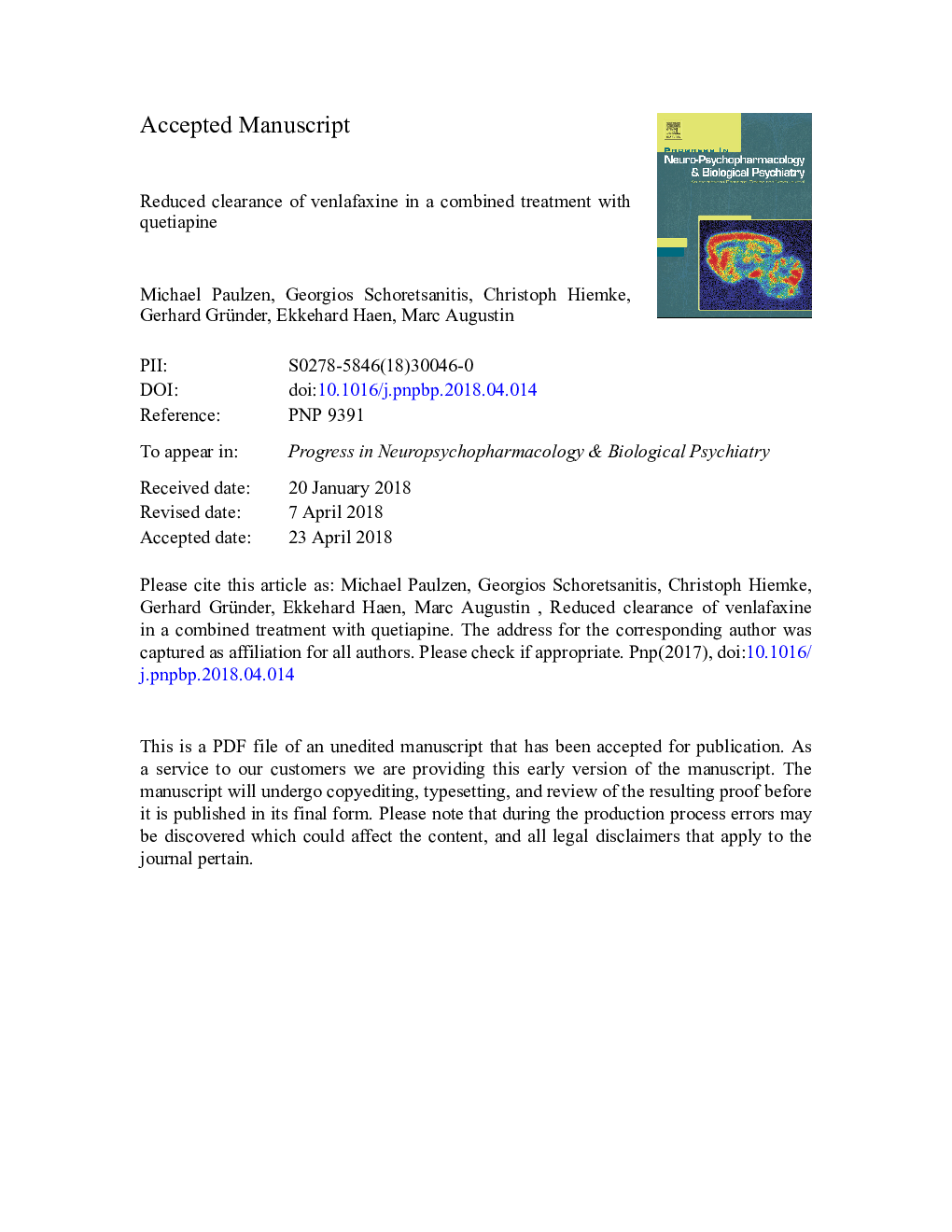 Reduced clearance of venlafaxine in a combined treatment with quetiapine