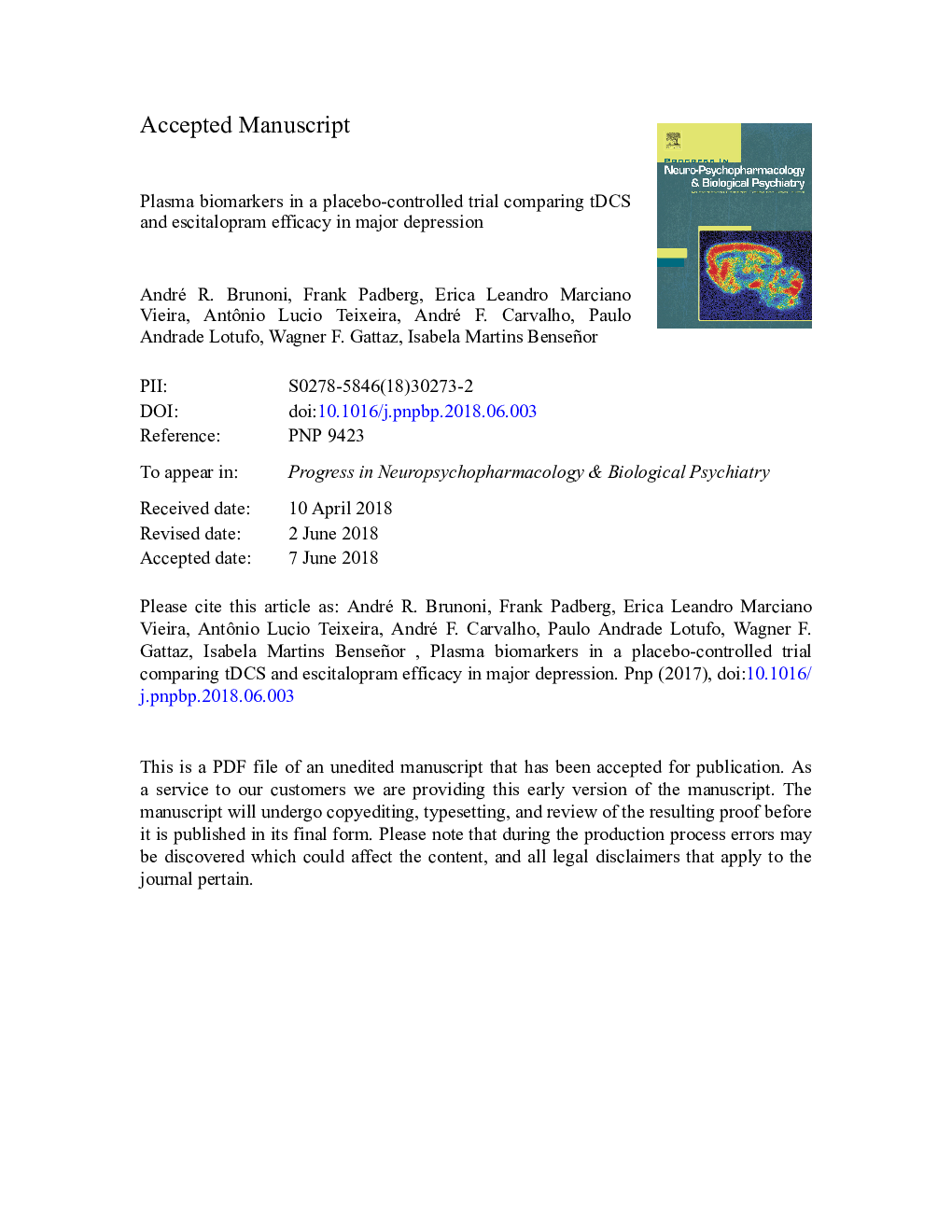 Plasma biomarkers in a placebo-controlled trial comparing tDCS and escitalopram efficacy in major depression