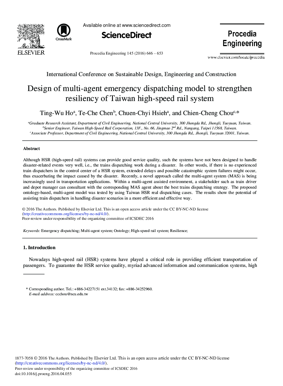 Design of Multi-agent Emergency Dispatching Model to Strengthen Resiliency of Taiwan High-speed Rail System 