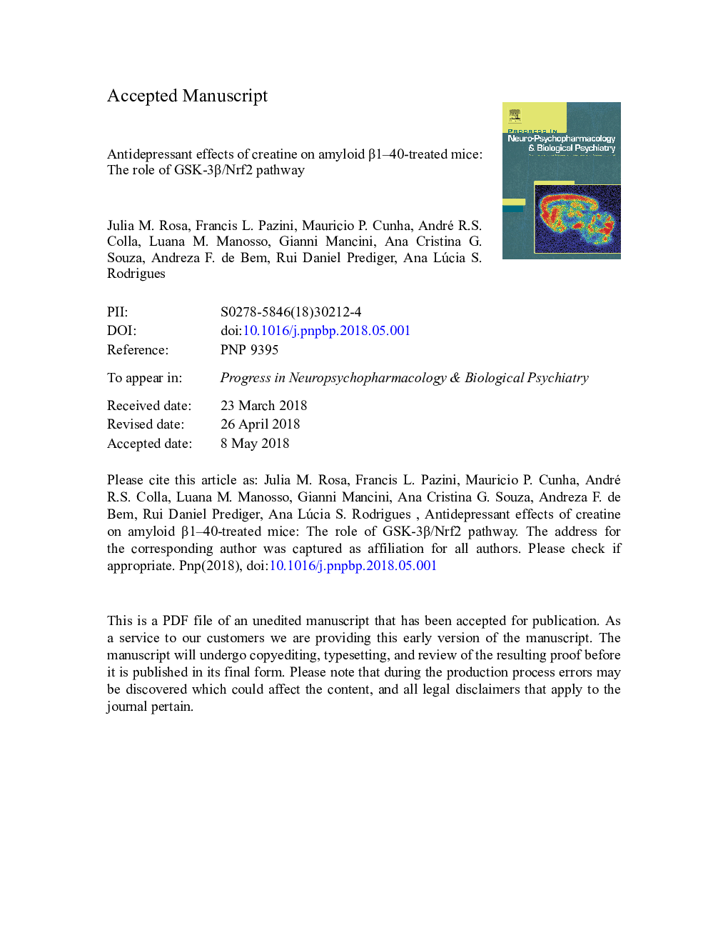 Antidepressant effects of creatine on amyloid Î²1-40-treated mice: The role of GSK-3Î²/Nrf2 pathway