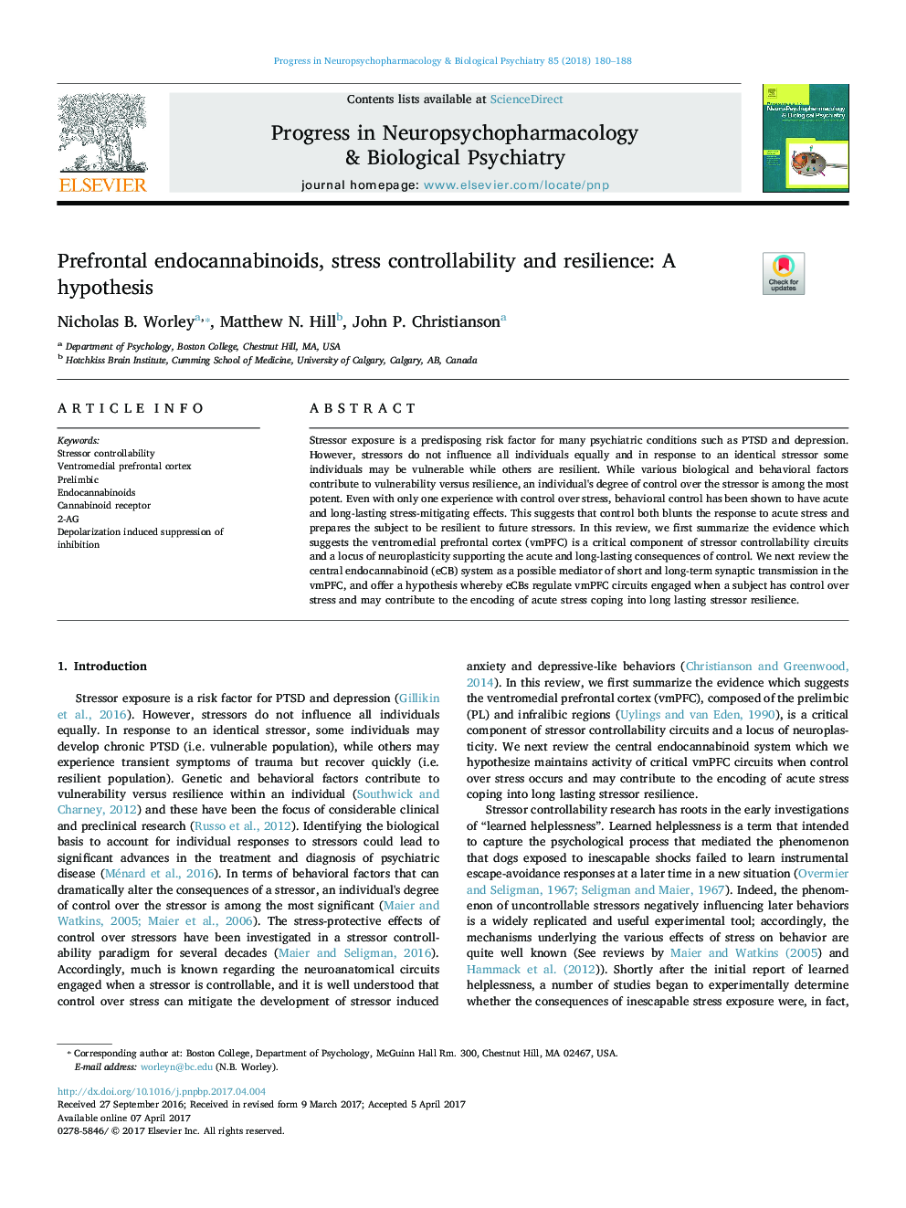 Prefrontal endocannabinoids, stress controllability and resilience: A hypothesis