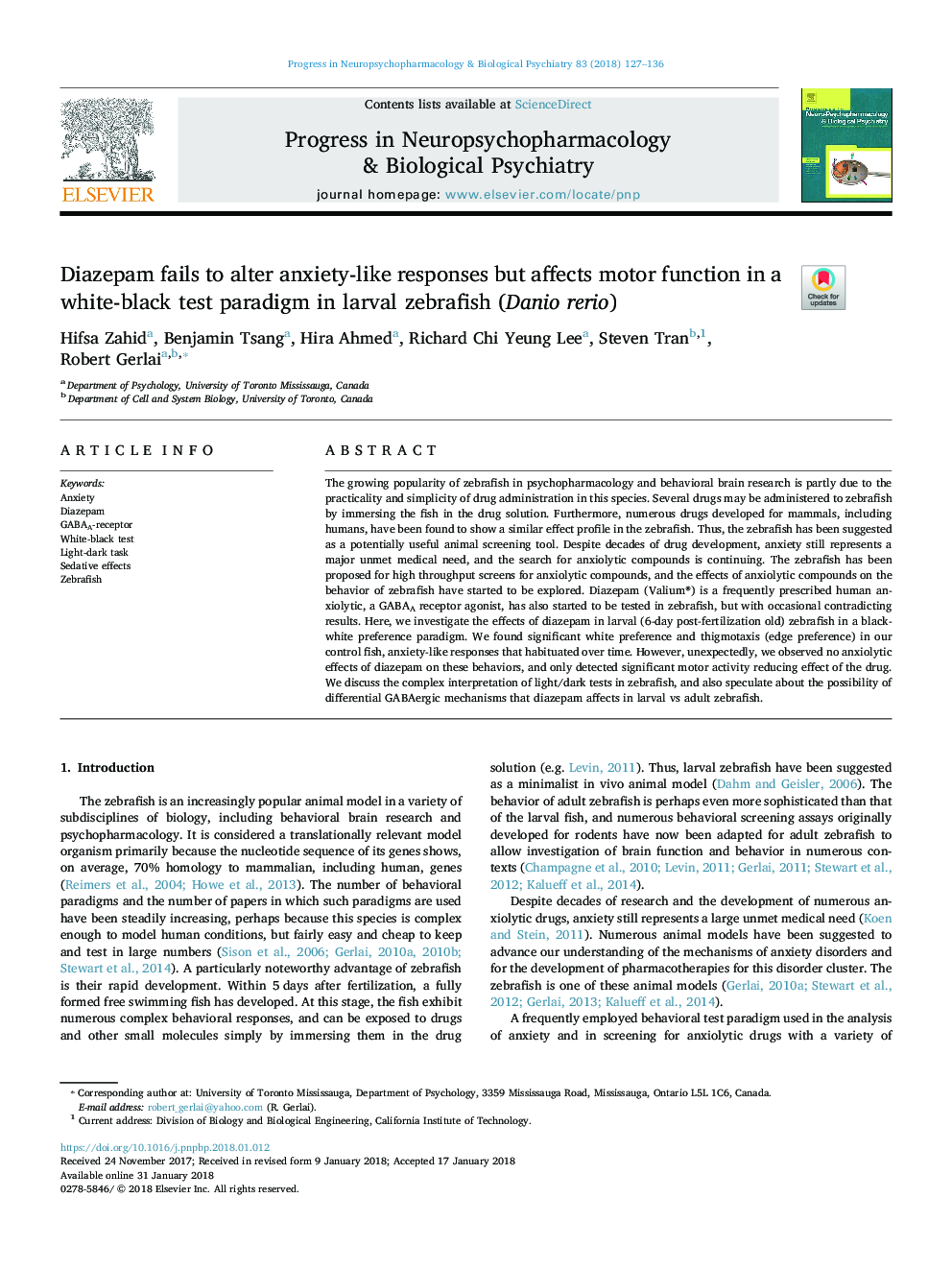 Diazepam fails to alter anxiety-like responses but affects motor function in a white-black test paradigm in larval zebrafish (Danio rerio)