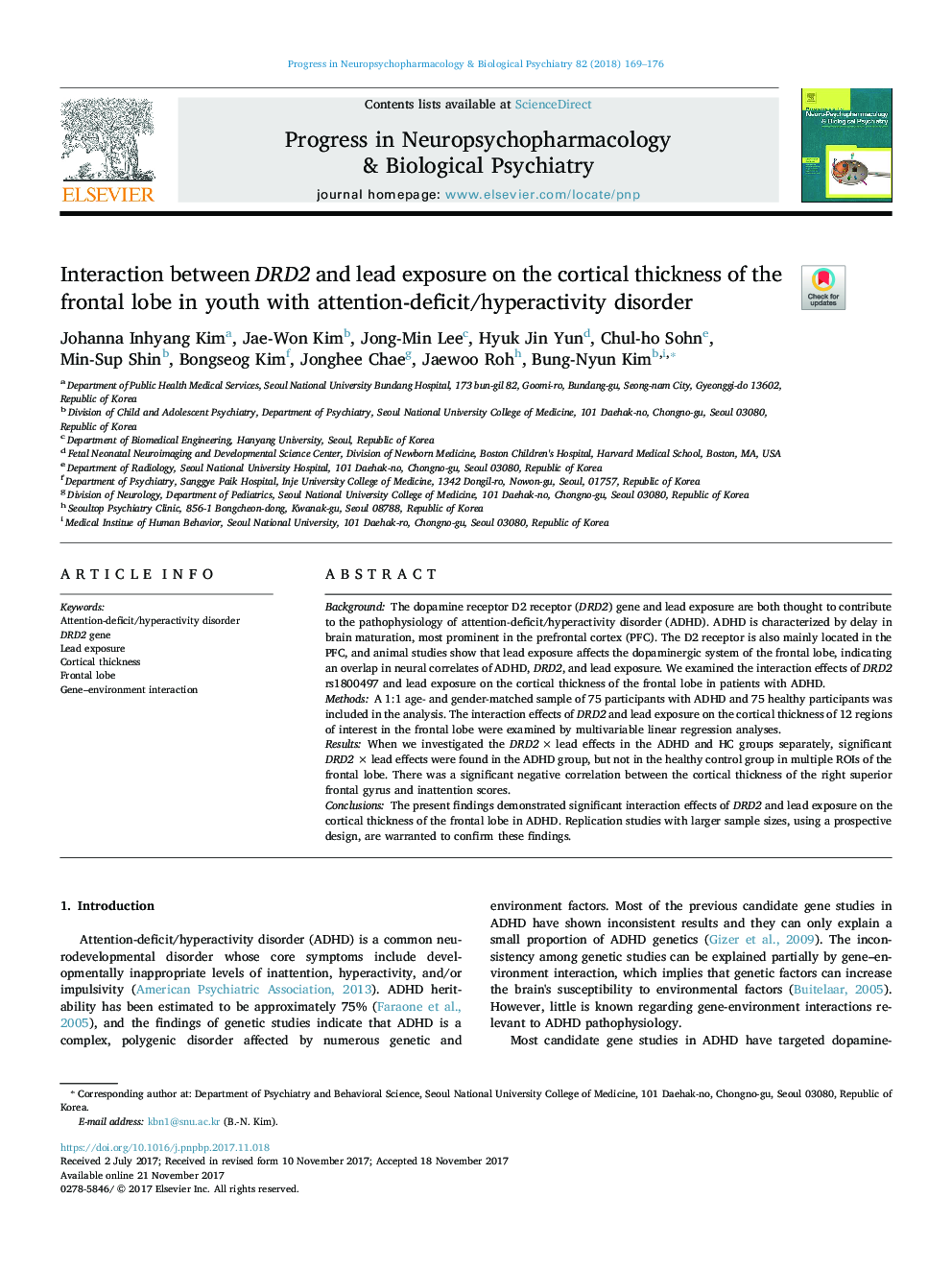 Interaction between DRD2 and lead exposure on the cortical thickness of the frontal lobe in youth with attention-deficit/hyperactivity disorder