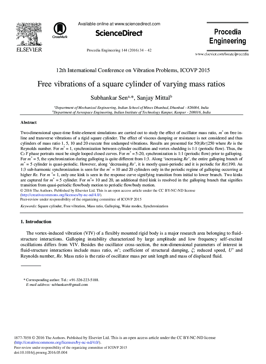 Free Vibrations of a Square Cylinder of Varying Mass Ratios 