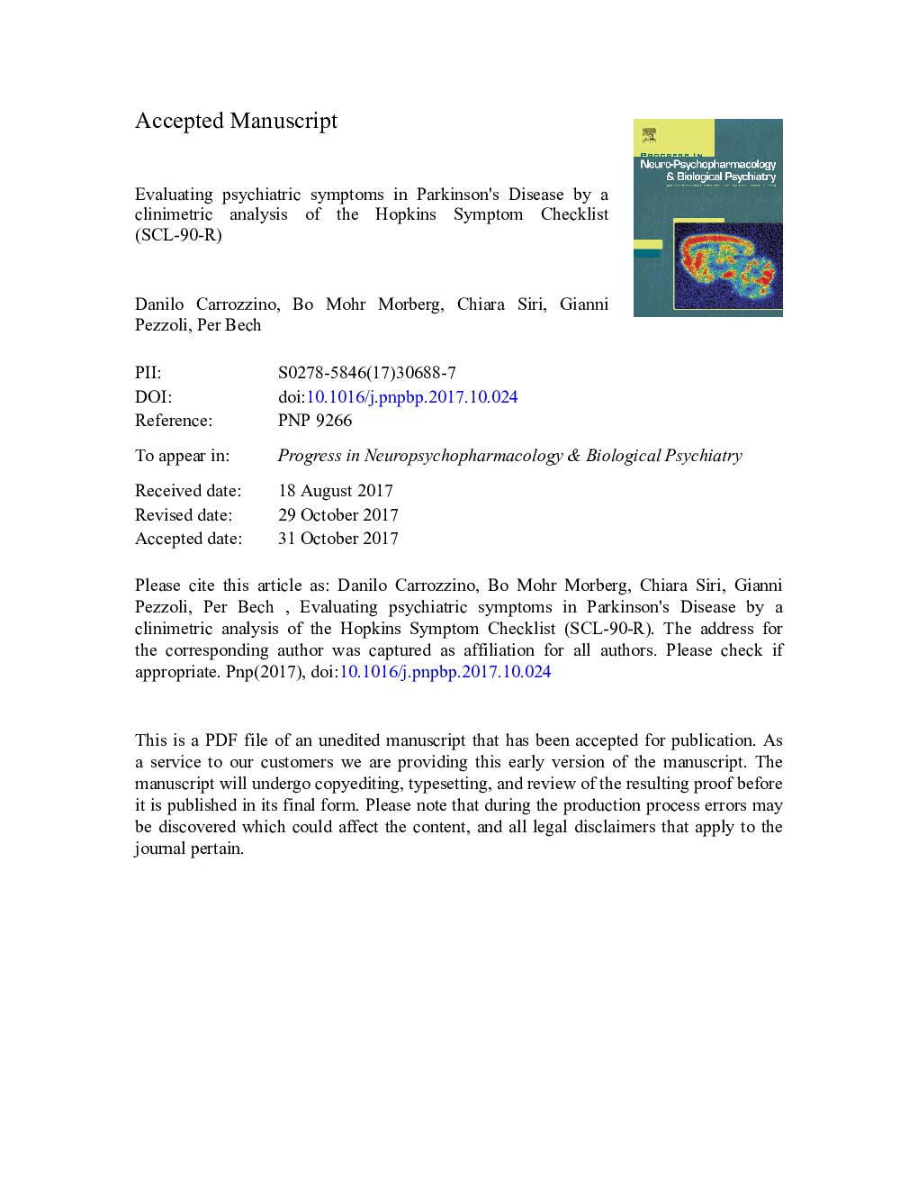 Evaluating psychiatric symptoms in Parkinson's Disease by a clinimetric analysis of the Hopkins Symptom Checklist (SCL-90-R)