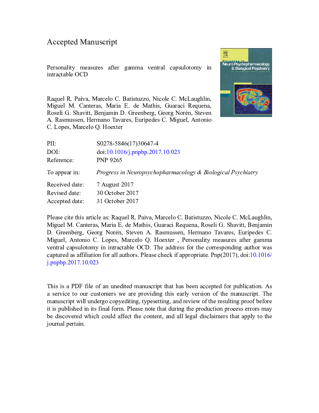 Personality measures after gamma ventral capsulotomy in intractable OCD