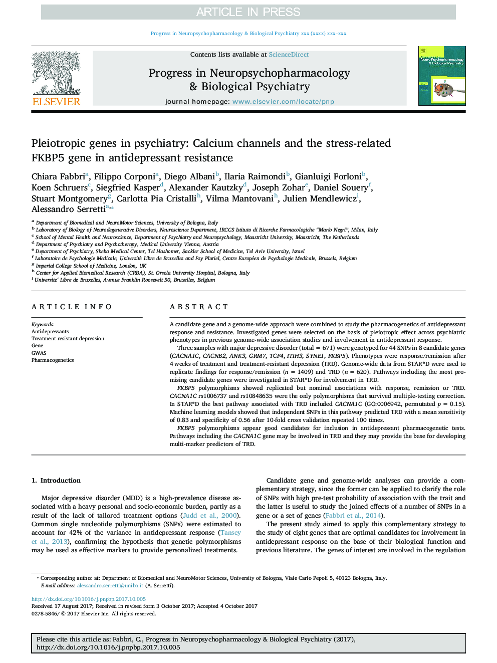 Pleiotropic genes in psychiatry: Calcium channels and the stress-related FKBP5 gene in antidepressant resistance