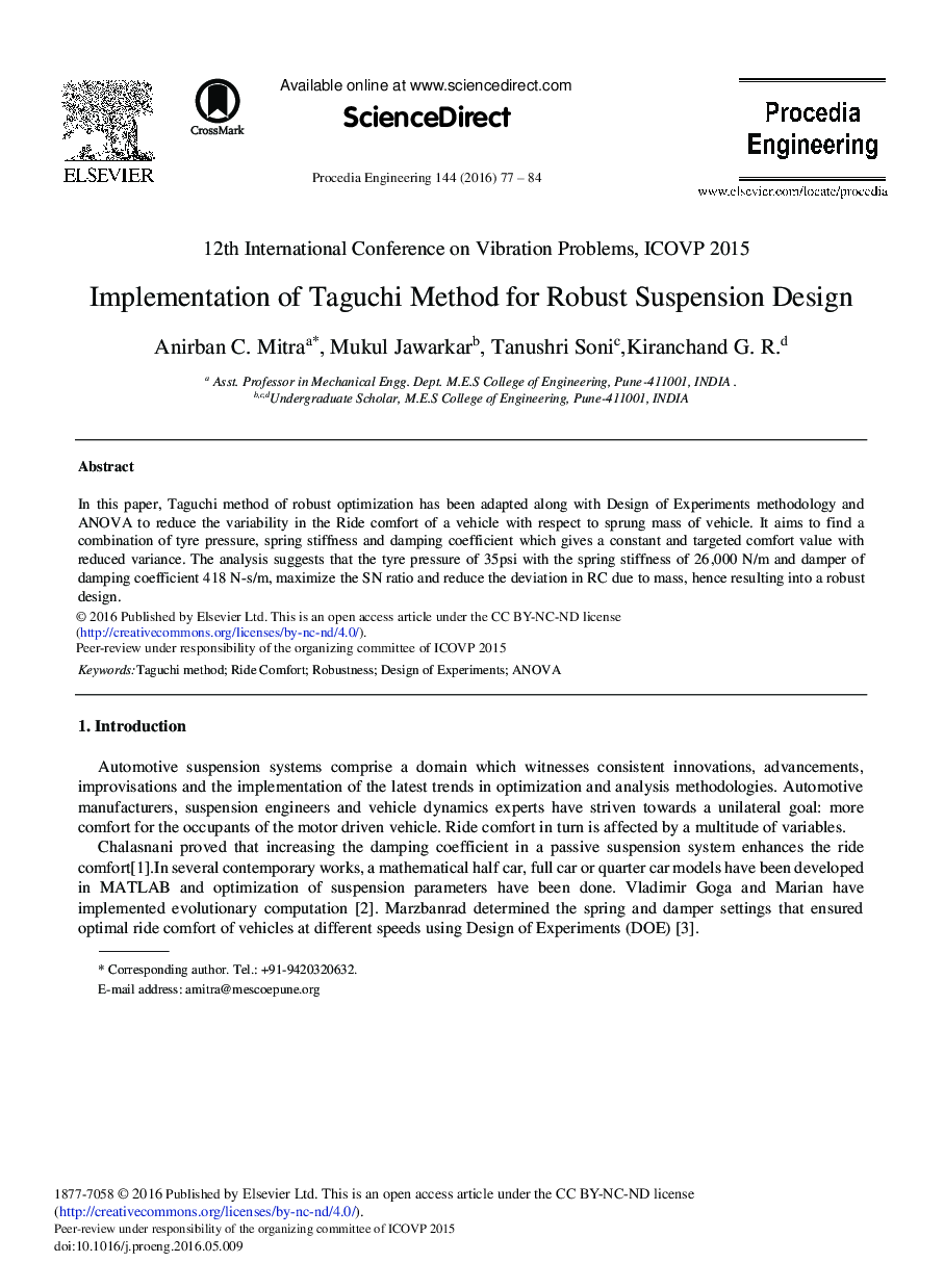 Implementation of Taguchi Method for Robust Suspension Design 