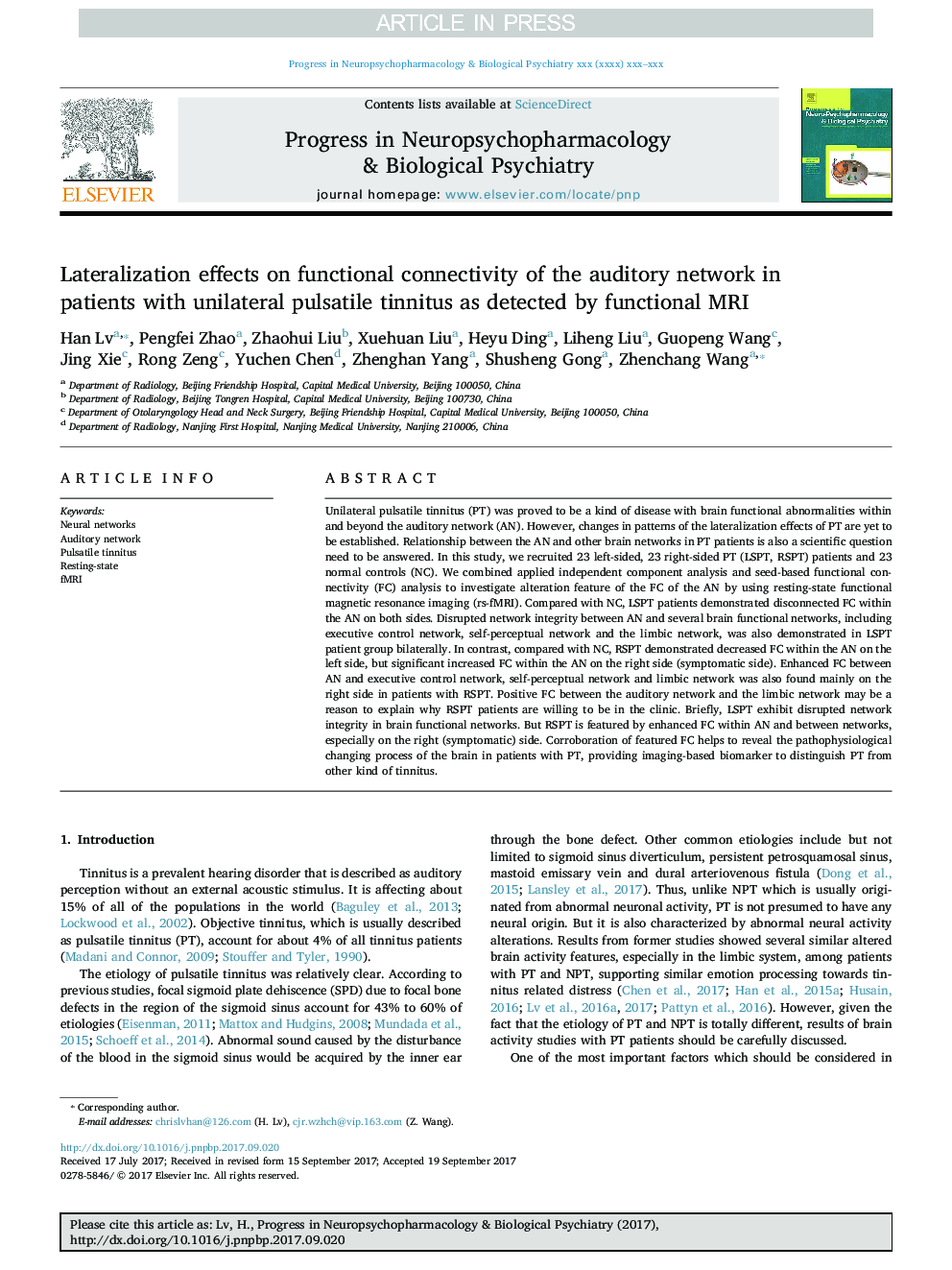 Lateralization effects on functional connectivity of the auditory network in patients with unilateral pulsatile tinnitus as detected by functional MRI