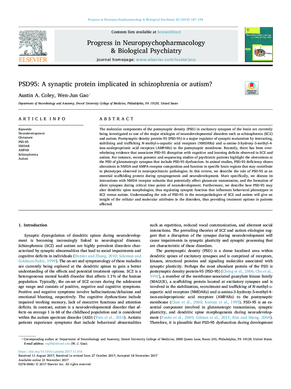 PSD95: A synaptic protein implicated in schizophrenia or autism?