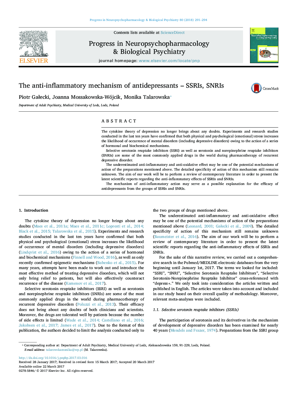 عکس صفحه اول مقاله: The anti-inflammatory mechanism of antidepressants - SSRIs, SNRIs The anti-inflammatory mechanism of antidepressants - SSRIs, SNRIs