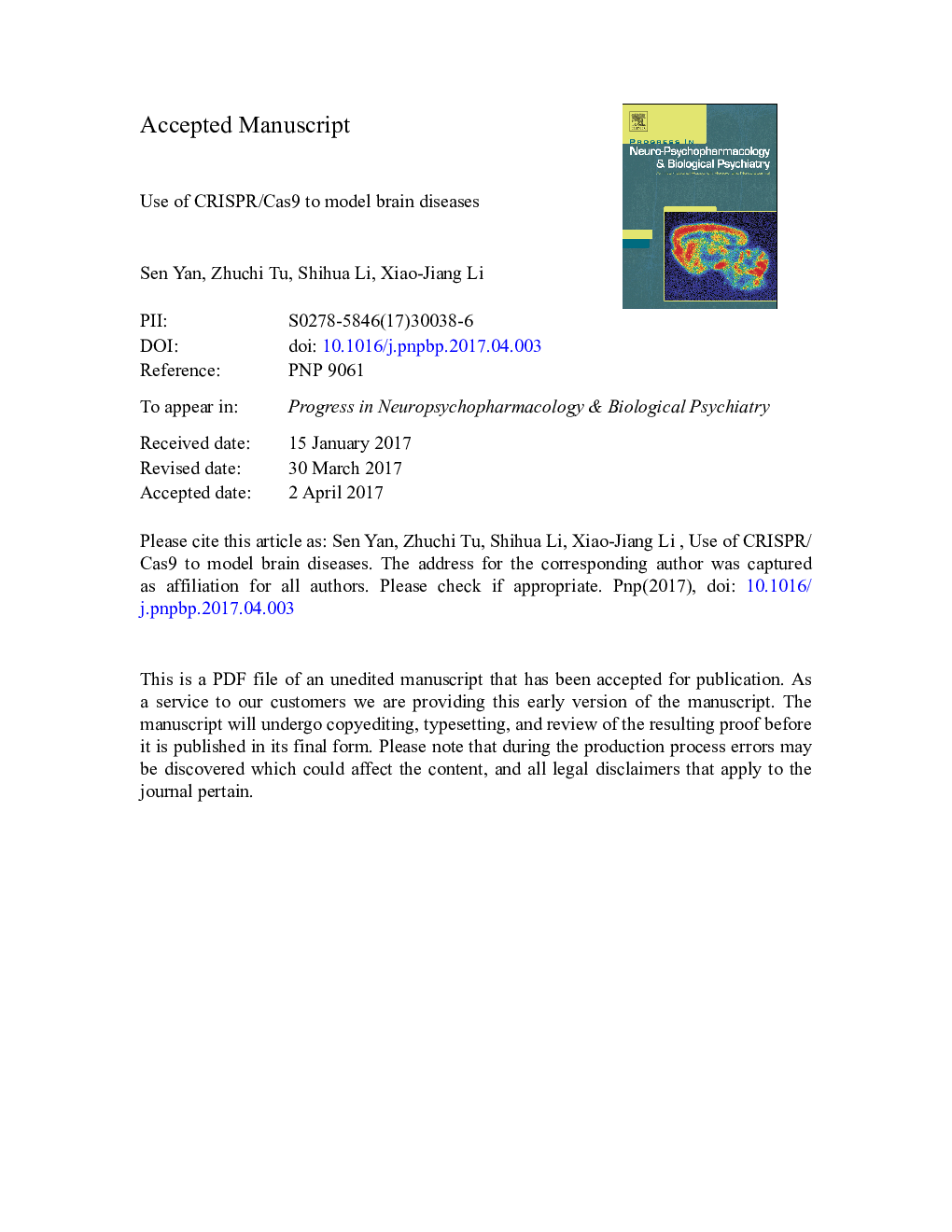 Use of CRISPR/Cas9 to model brain diseases