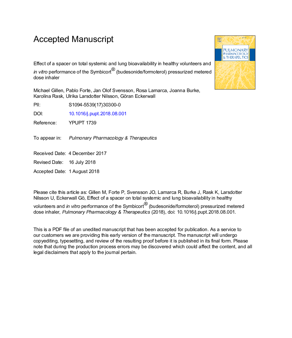 Effect of a spacer on total systemic and lung bioavailability in healthy volunteers and in vitro performance of the Symbicort® (budesonide/formoterol) pressurized metered dose inhaler