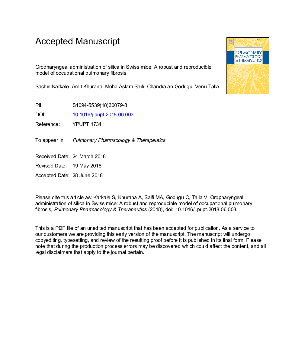 Oropharyngeal administration of silica in Swiss mice: A robust and reproducible model of occupational pulmonary fibrosis